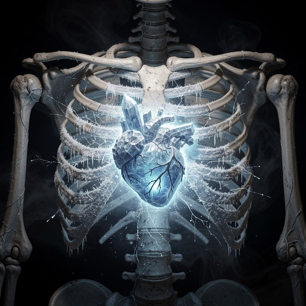 Frozen ice heart glowing blue inside skeletal chest, Wendigo curse mythology