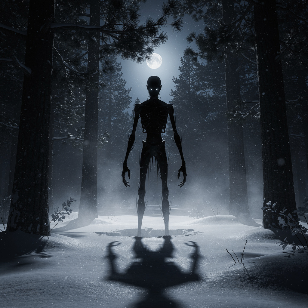 Dark Wendigo silhouette stalking through snowy pine forest at night