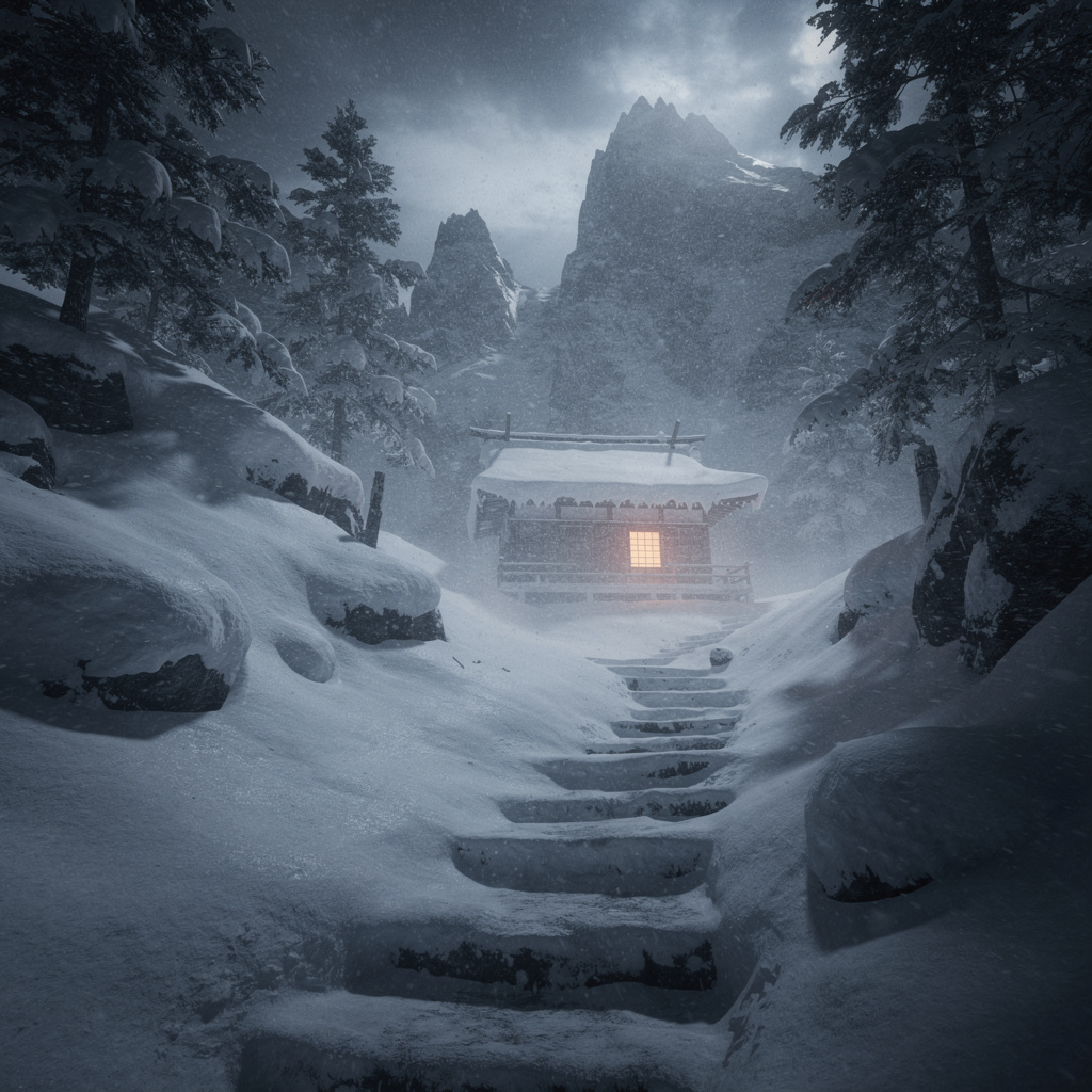 Japanese mountain blizzard with a small hut visible through heavy snow
