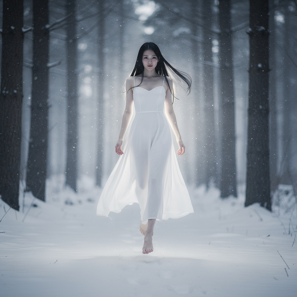 Ghostly woman in white walking through snow leaving no footprints