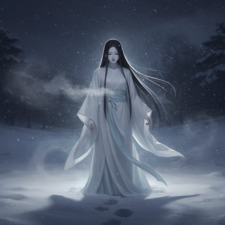 Yuki-onna the Japanese snow woman yokai with white skin and black hair in a blizzard