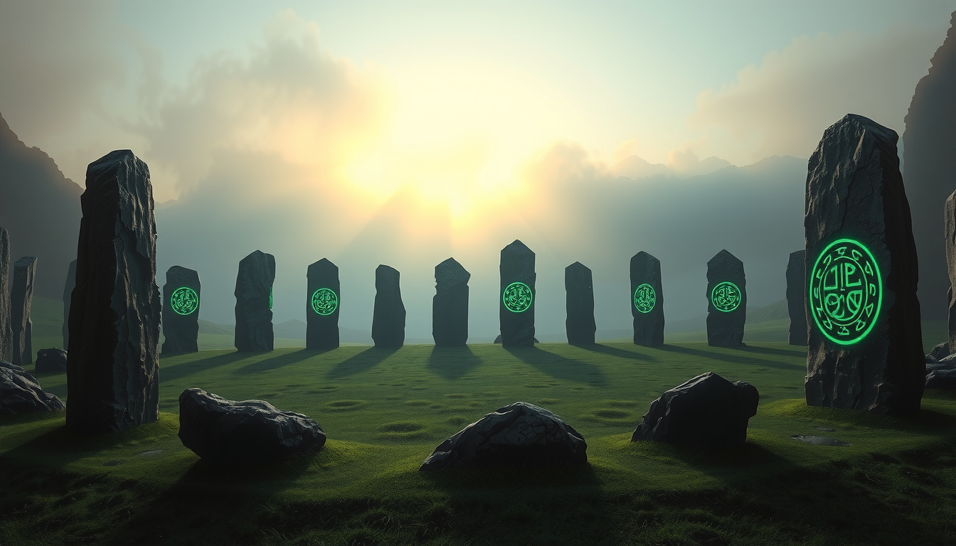 Ancient Celtic stone circle with Norse runestone for mythological comparison