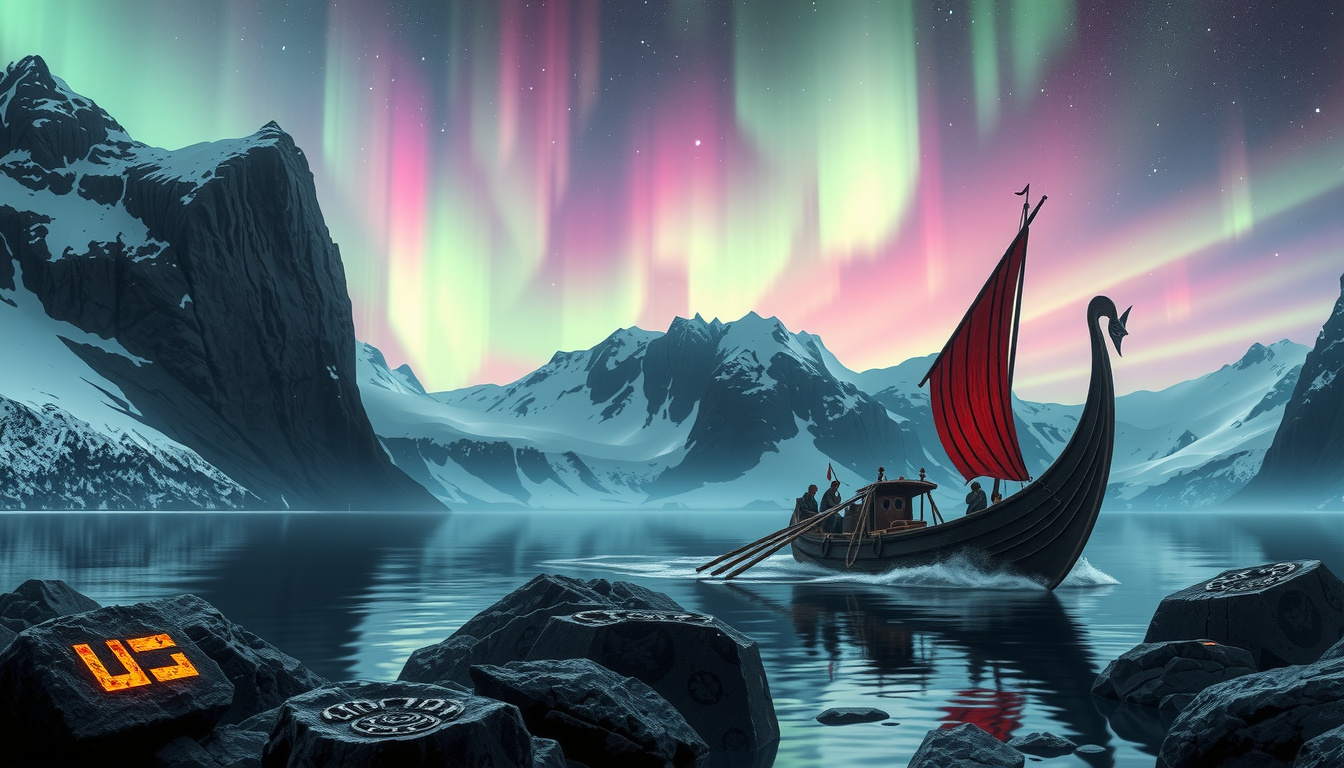 Ancient Norse and Greek mythology books arranged on wooden table with runes and classical symbols