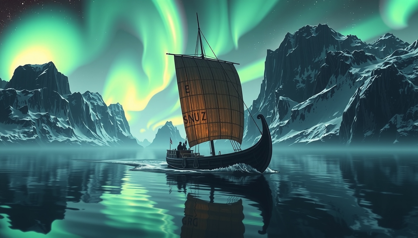 Ancient Norse manuscripts and modern books arranged on wooden desk with runes