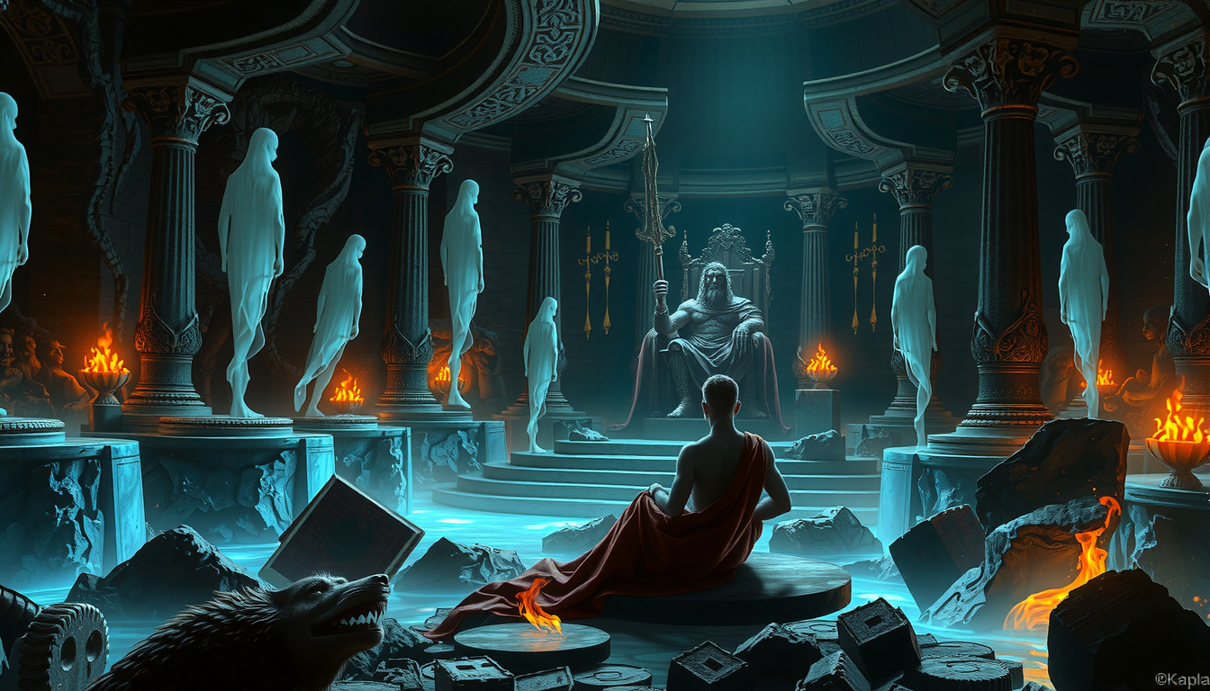 Ancient symbols of death gods including Hades' bident and Hel's half-corpse imagery