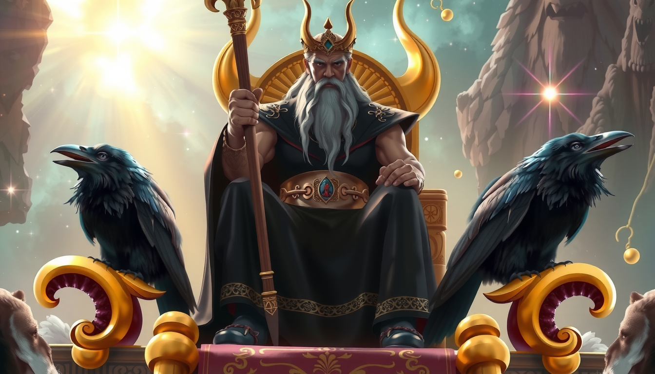 Artistic comparison showing Odin with his ravens and spear alongside Zeus with his eagle and thunderbolt