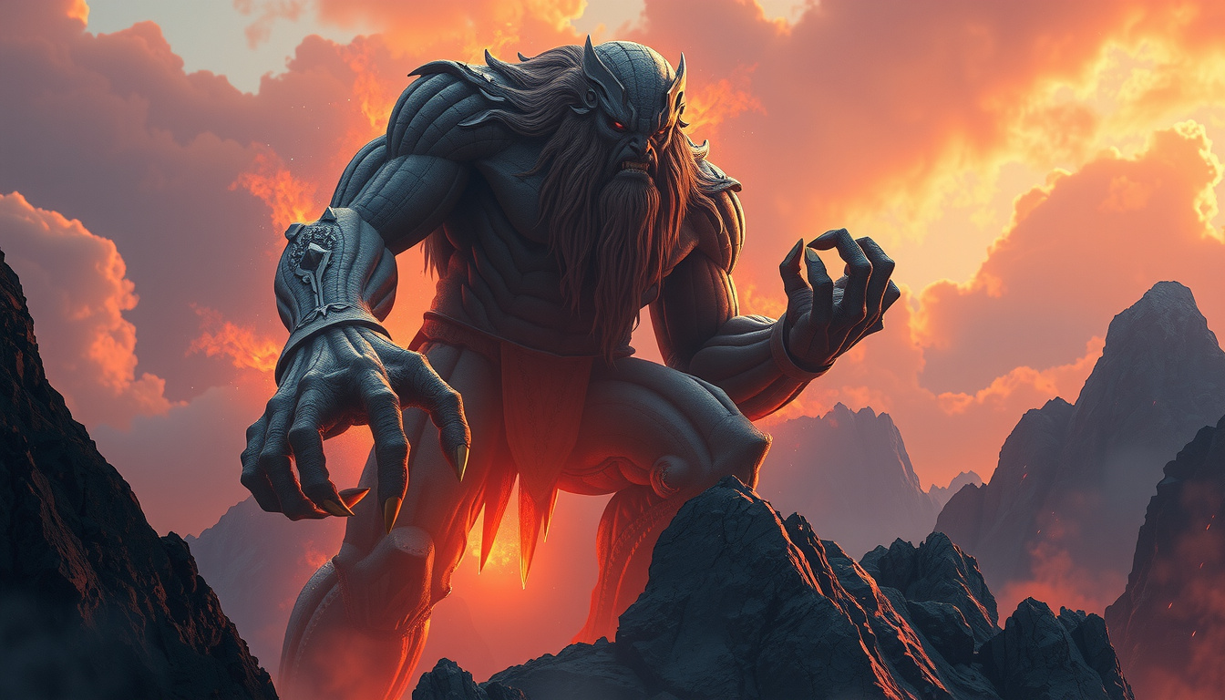 Artistic representation of Marduk battling Tiamat alongside Zeus fighting the Titans