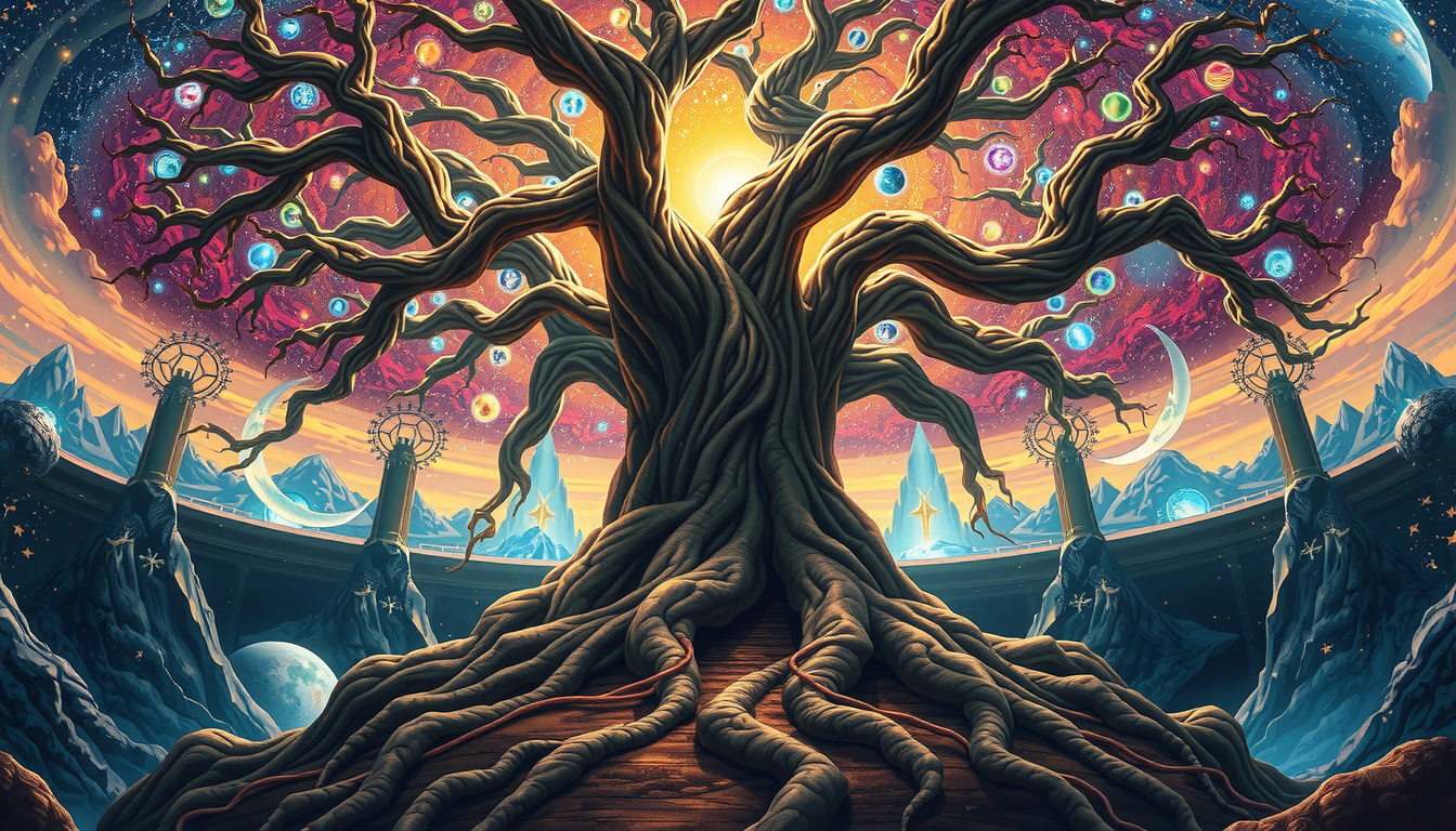 Artistic representation of Norse Yggdrasil tree and Greek Mount Olympus
