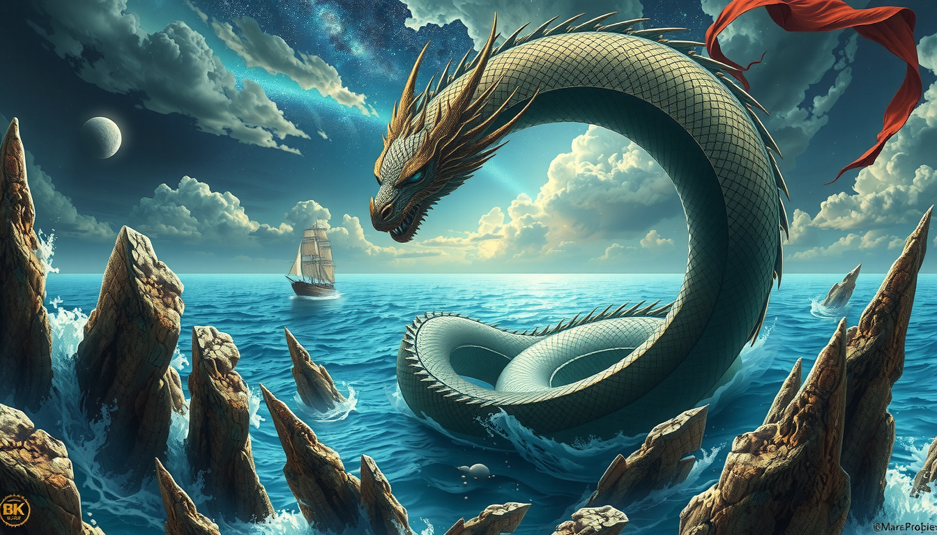 Dramatic illustration of Jormungandr the World Serpent coiled around Midgard with Fenrir the wolf in a Nordic landscape