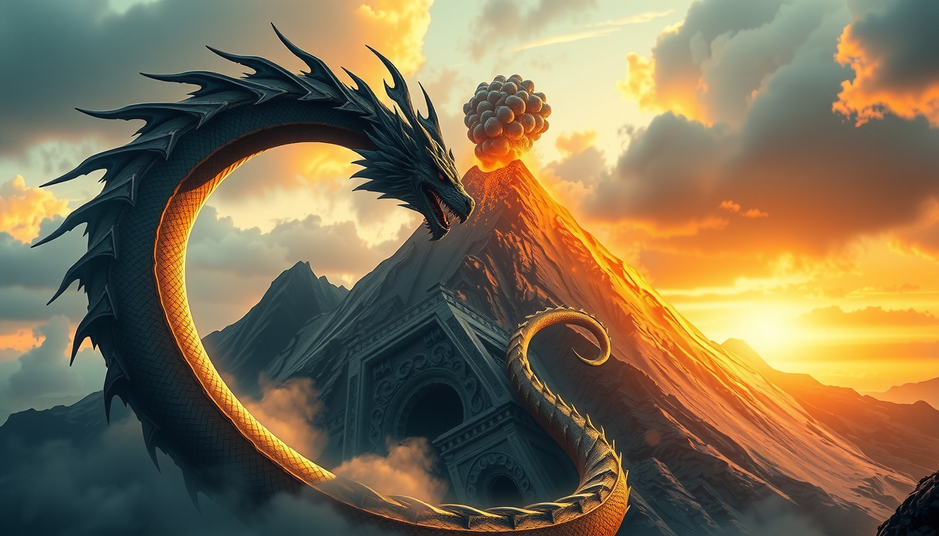 Fafnir dragon guarding treasure hoard in cave