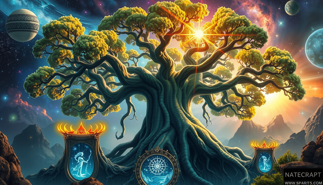 Illustration showing Níðhöggr dragon gnawing at Yggdrasil roots