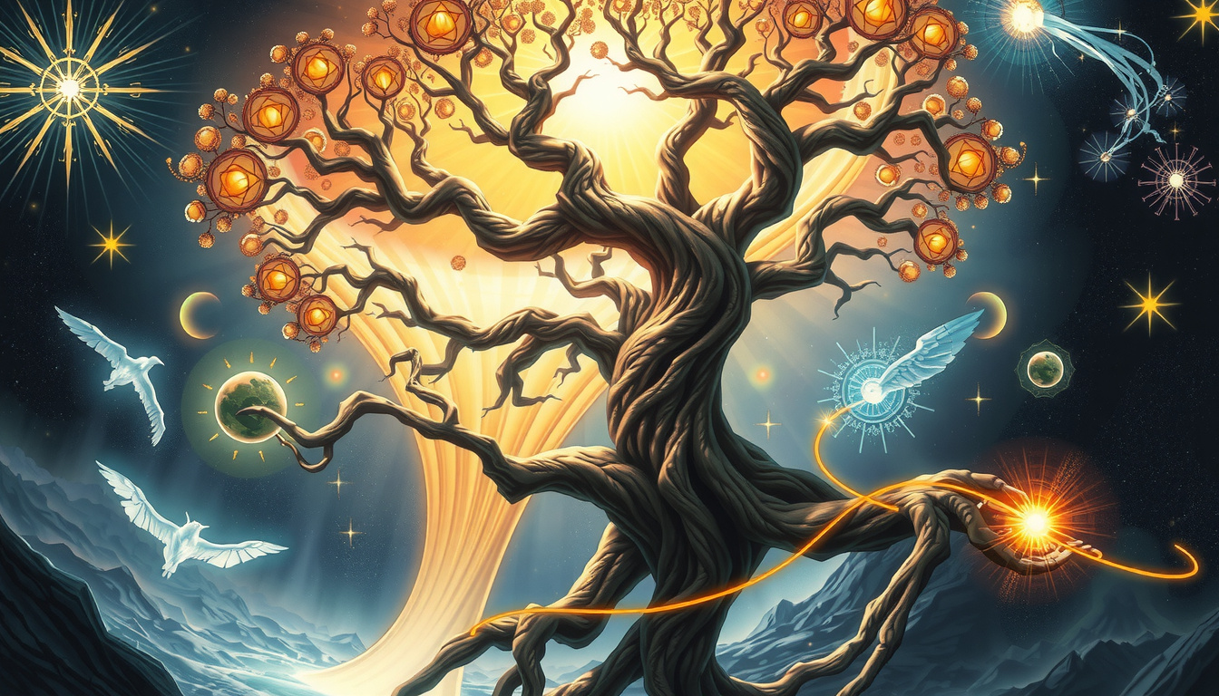 Norse Yggdrasil world tree with nine realms depicted in ancient manuscript style