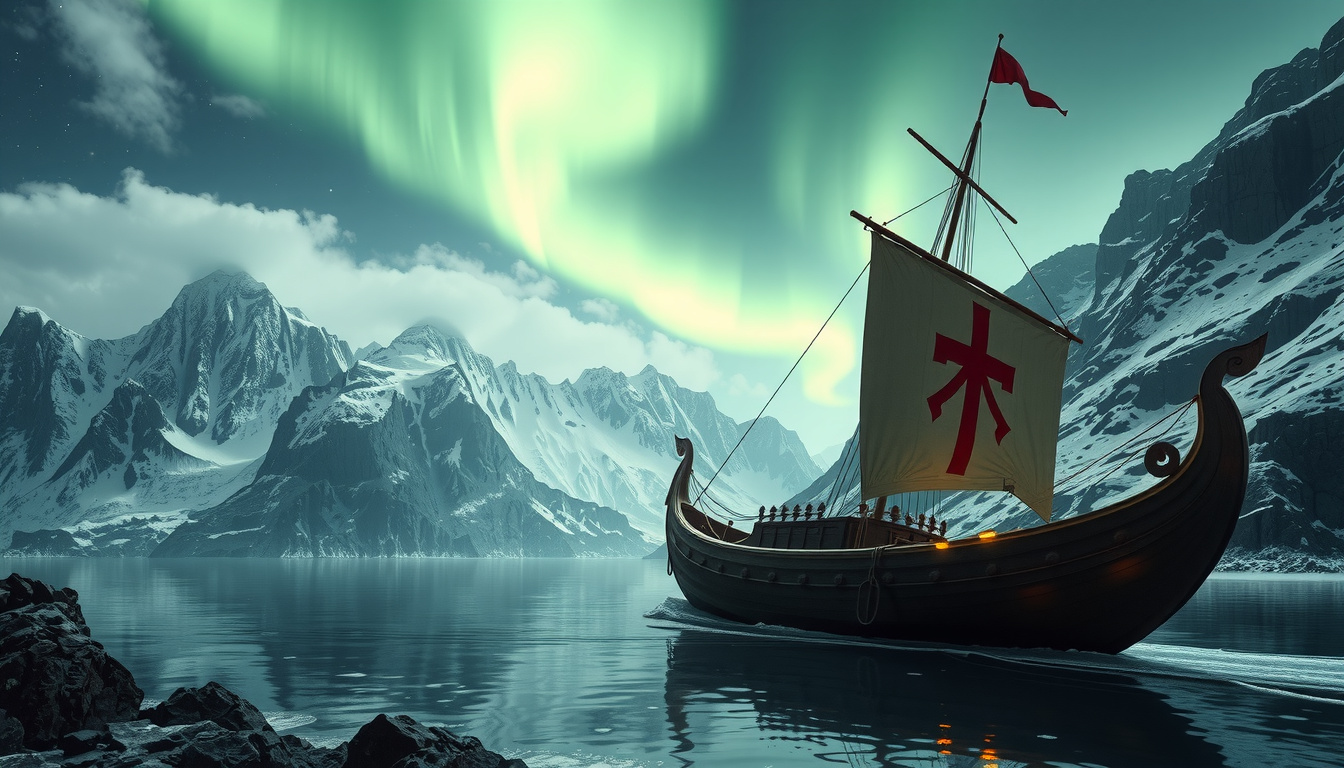 Odin riding eight-legged Sleipnir across rainbow bridge with Norse gods watching