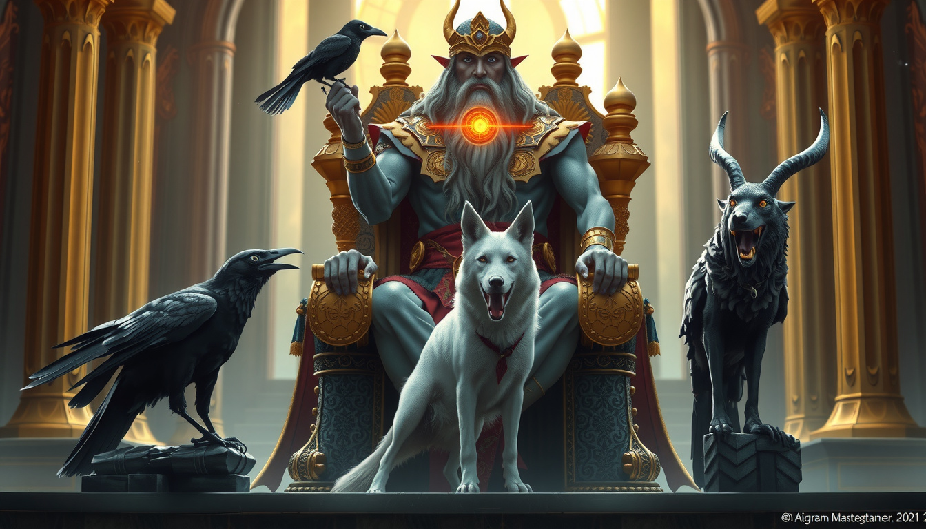 Odin the All-Father with his ravens and spear facing Zeus with his lightning bolt
