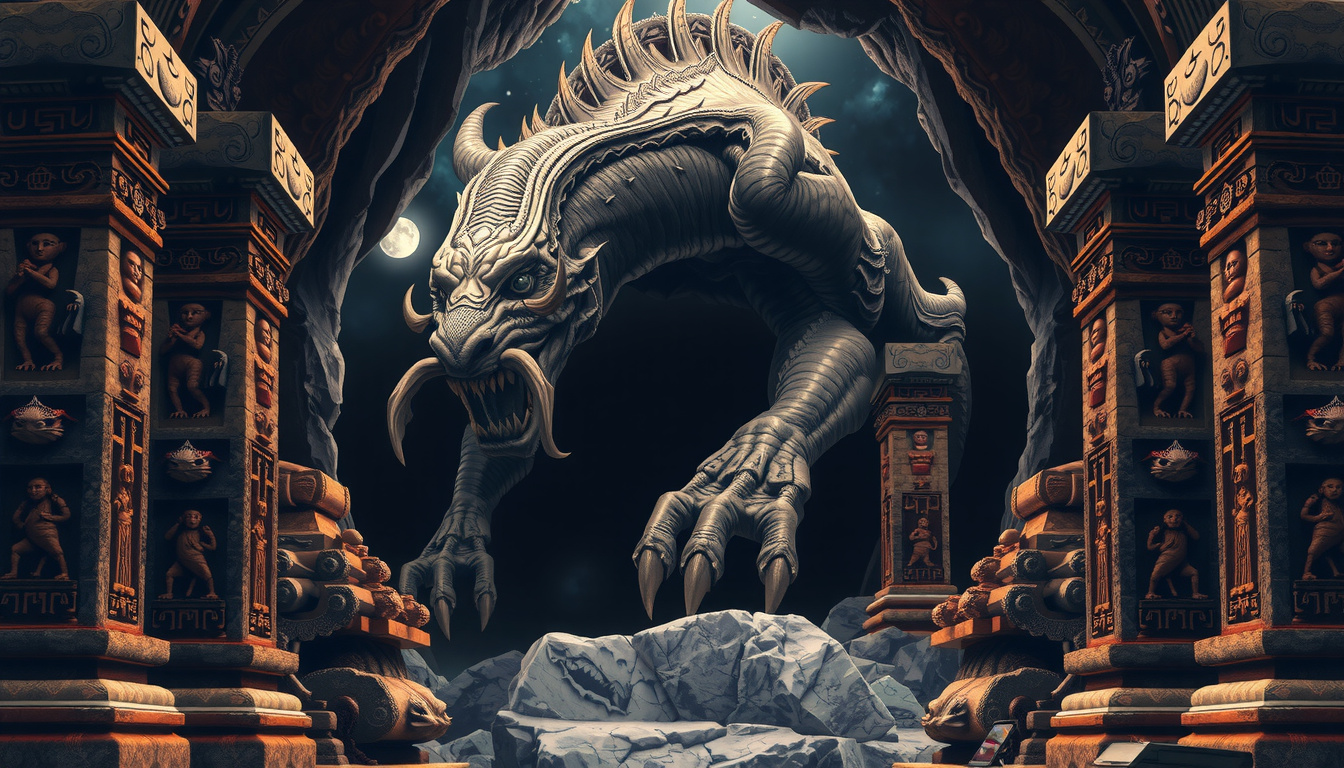 Ragnarök battle scene with gods fighting giants and monsters as the world burns