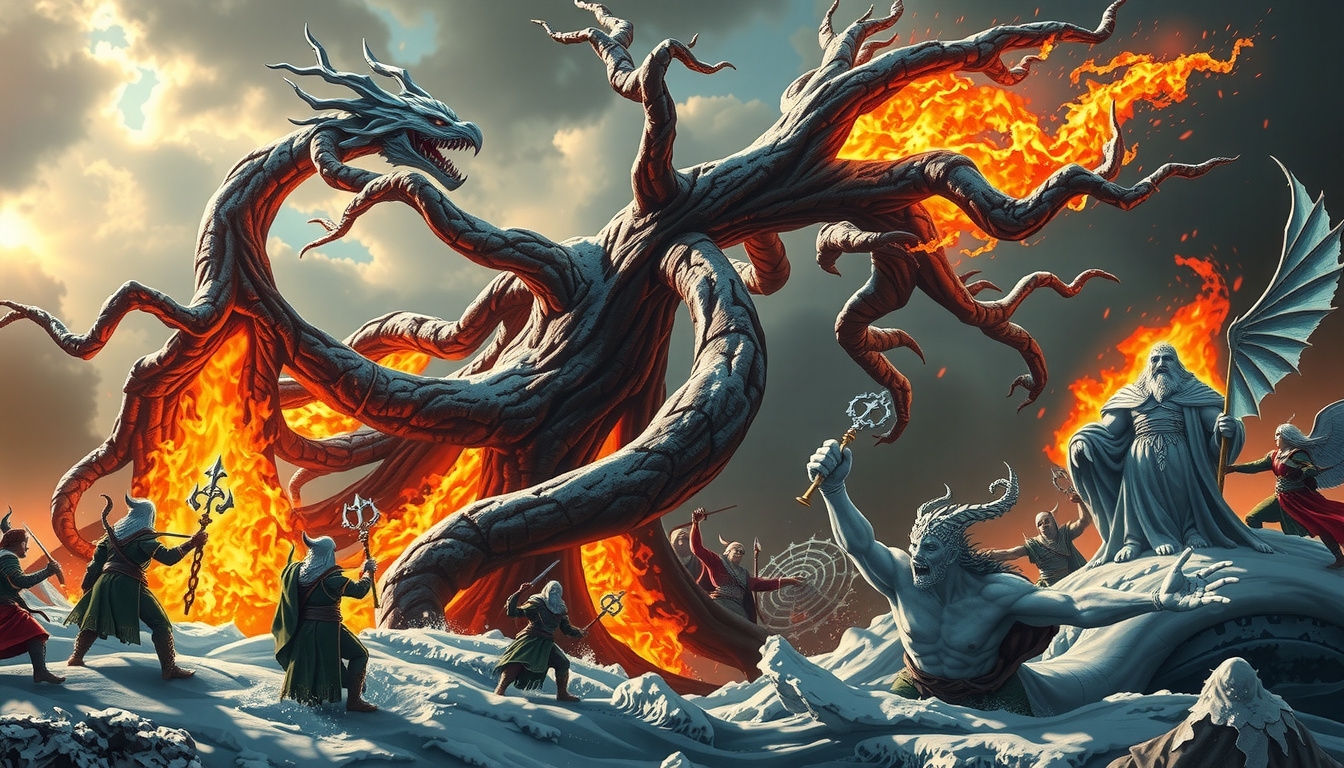 Ragnarok battlefield with Norse gods fighting against giants and monsters