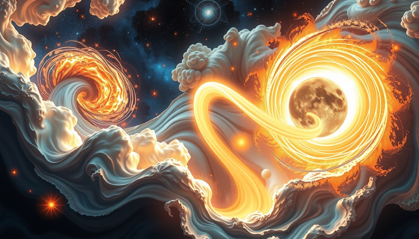 Split scene showing Greek creation with golden divine figures emerging from void versus Norse creation with fire and ice meeting in darkness