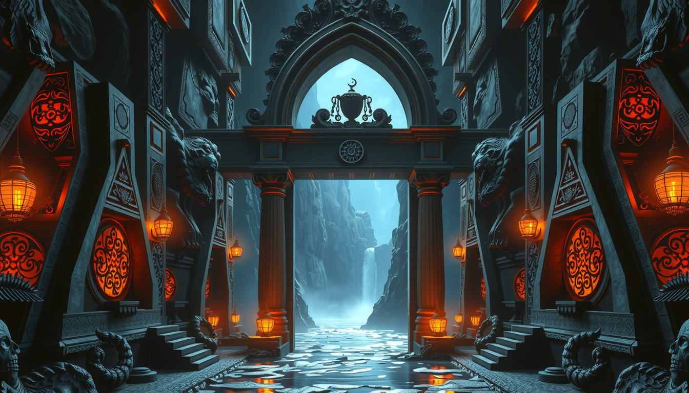 Split scene showing Valhalla's golden halls with Norse warriors on the left and the Greek underworld with the river Styx on the right