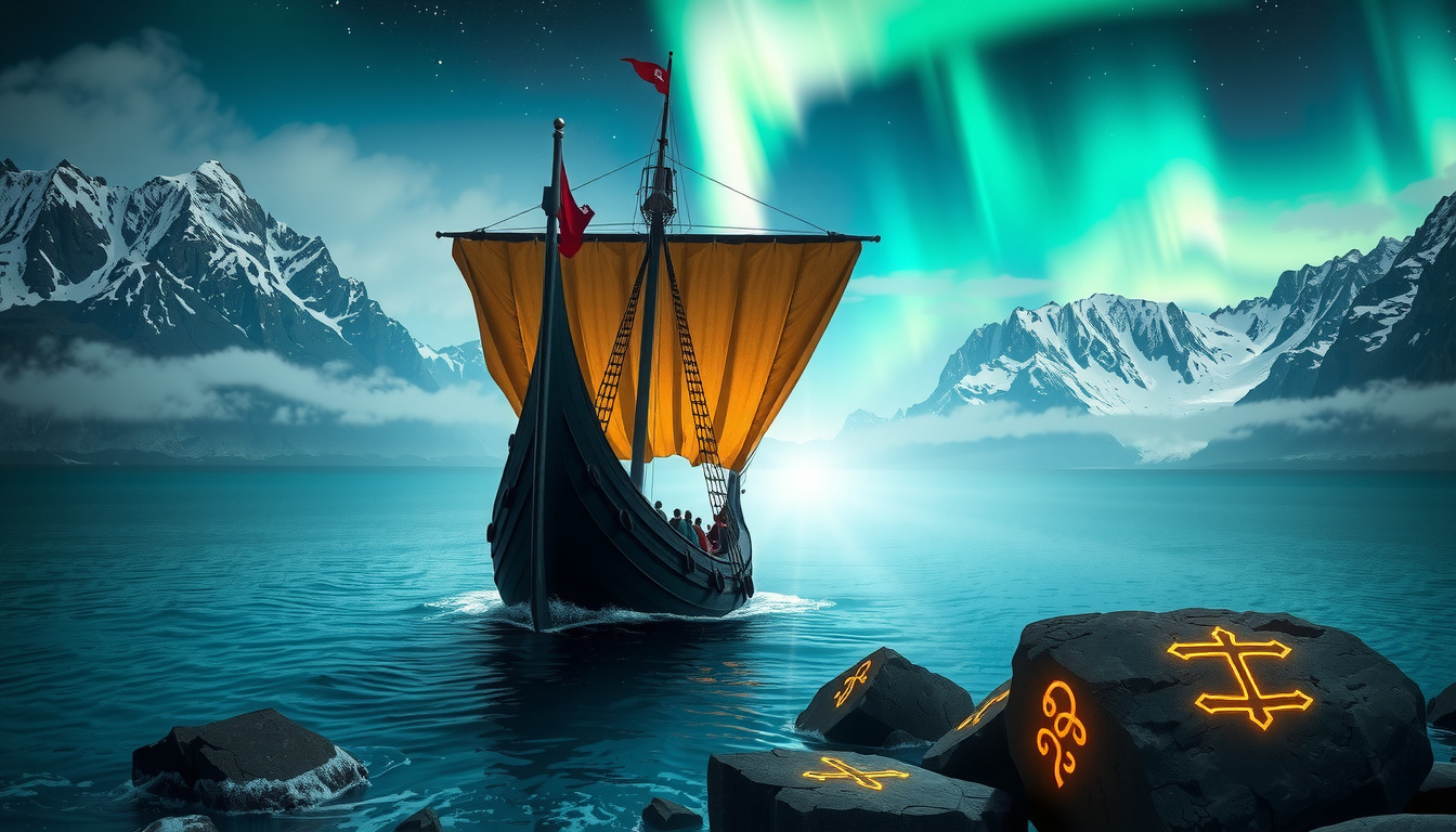 Student reading Greek mythology surrounded by classical columns and Norse runes