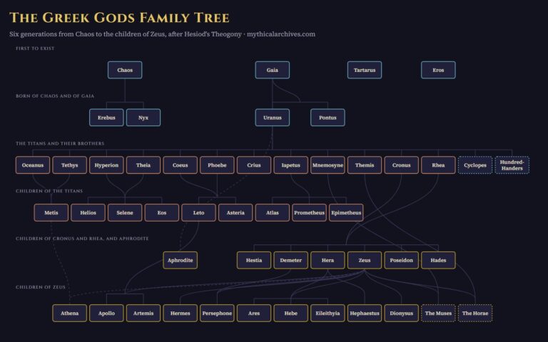 Family tree of the Greek gods in six generations, from Chaos and Gaia through the Titans to Zeus and his children, following Hesiod's Theogony